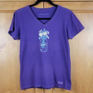 Life Is Good Purple V-Neck Daisies in Mason Jar Short Sleeve Crusher Tee - S